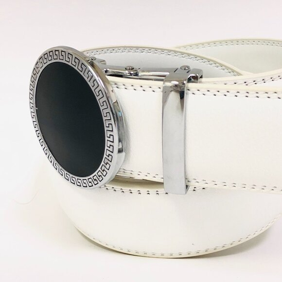 Fashion Leather Silver Round Buckle White Belt Automatic Jeans Dress Meander New - Picture 2 of 3